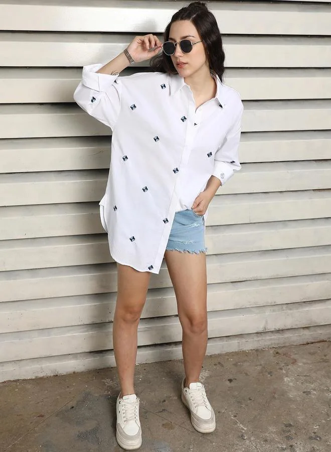 HIGH STAR Women White Embroidered Cotton Oversized Shirt